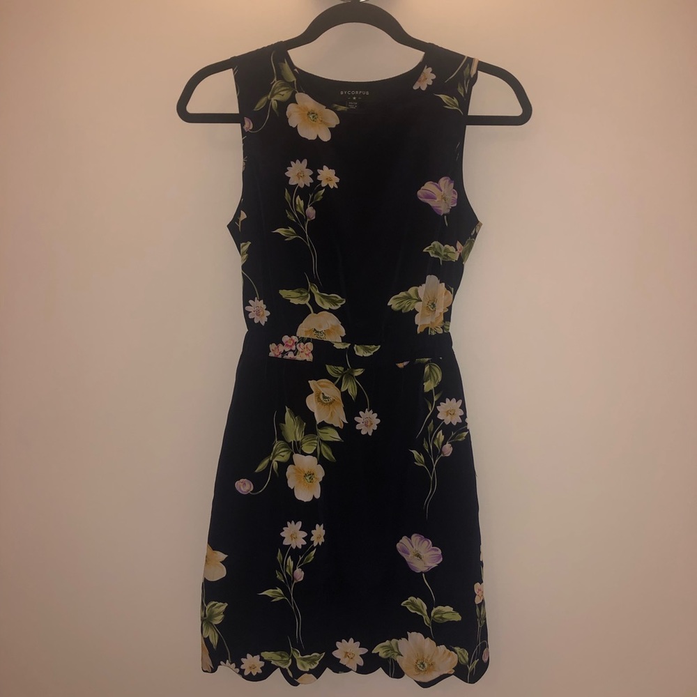 Navy blue + floral scallop dress